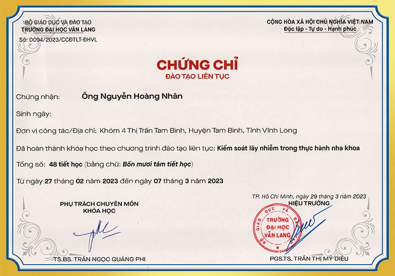 Chứng chỉ kiểm soát lây nhiễm nha khoa BS Nhân