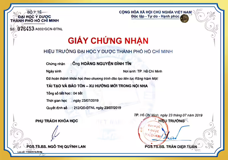 Chứng chỉ nội nha tái tạo và bảo tồn BS Tín