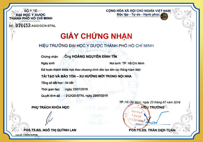 Chứng chỉ nội nha tái tạo và bảo tồn BS Tín
