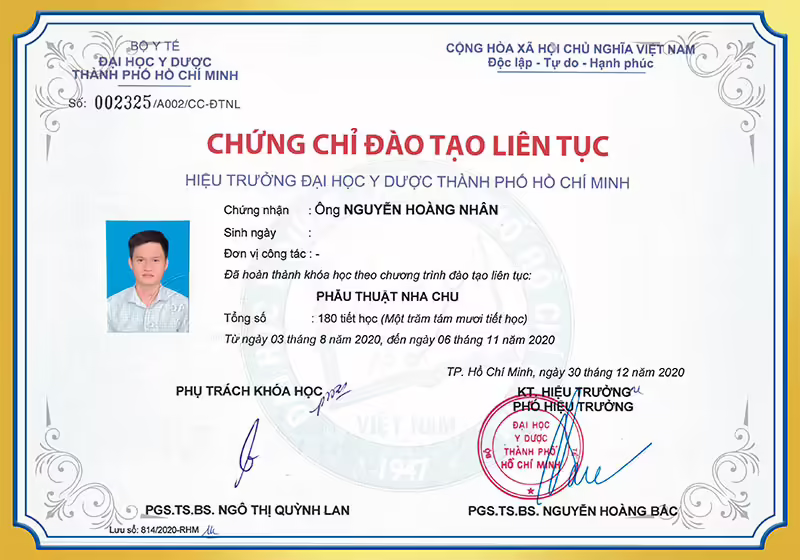 Chứng chỉ phẫu thuật nha chu BS Nhân