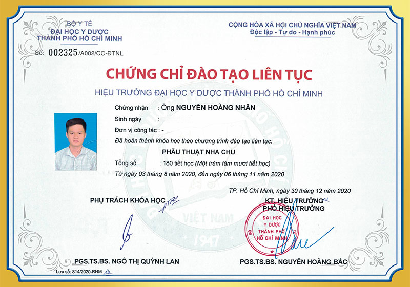 Chứng chỉ phẫu thuật nha chu BS Nhân