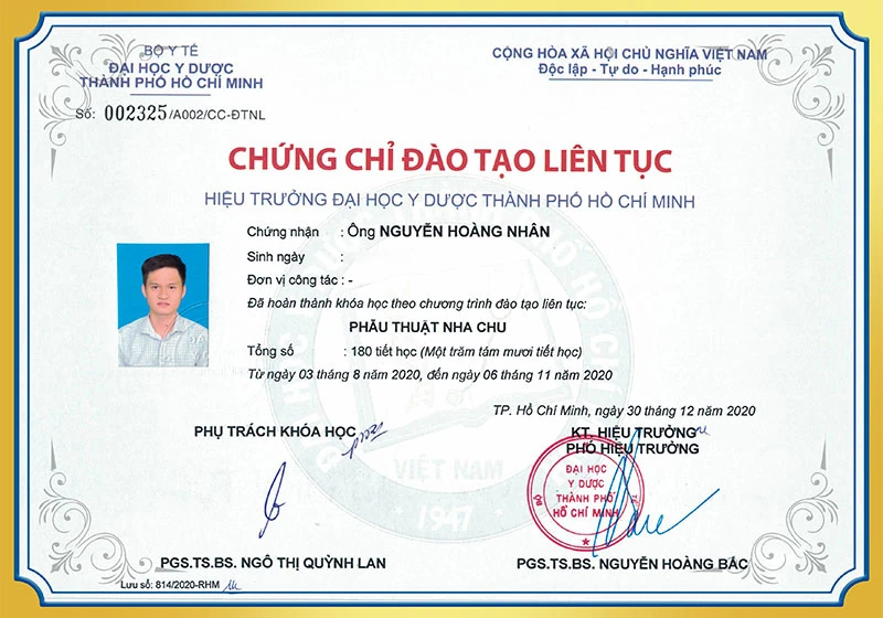 Chứng chỉ phẫu thuật nha chu BS Nhân