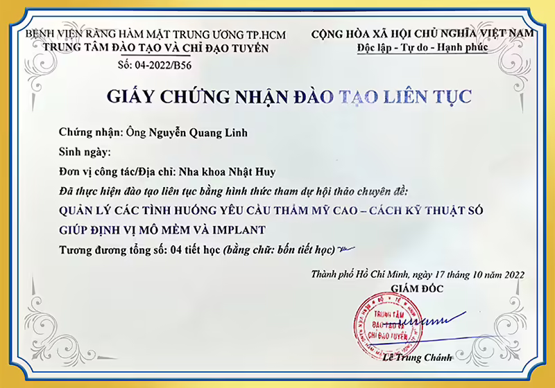 Chứng nhận đào tạo cách kỹ thuật số định vị mô mềm và implant BS Linh