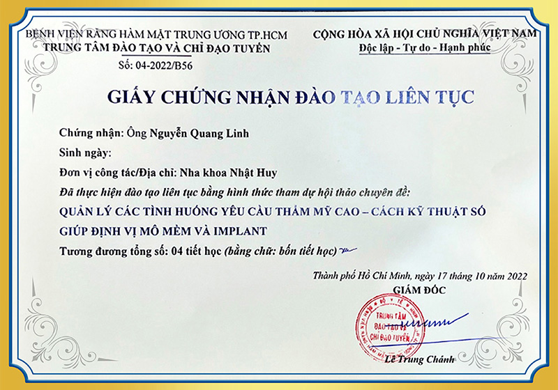 Chứng nhận đào tạo cách kỹ thuật số định vị mô mềm và implant BS Linh