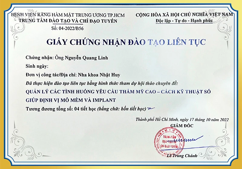 Chứng nhận đào tạo cách kỹ thuật số định vị mô mềm và implant BS Linh