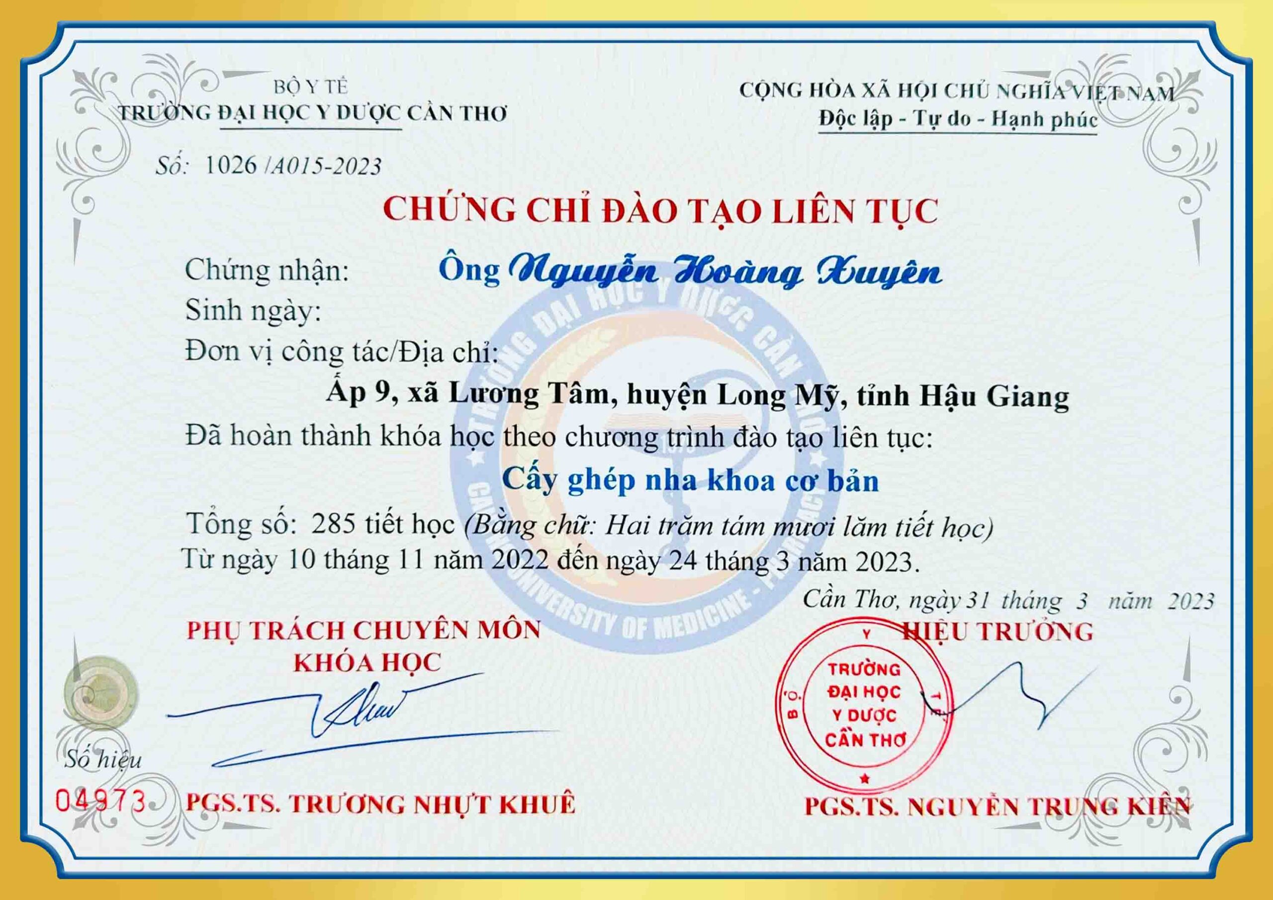 Chứng nhận đào tạo liên tục cấy ghép nha khoa cơ bản BS Xuyên