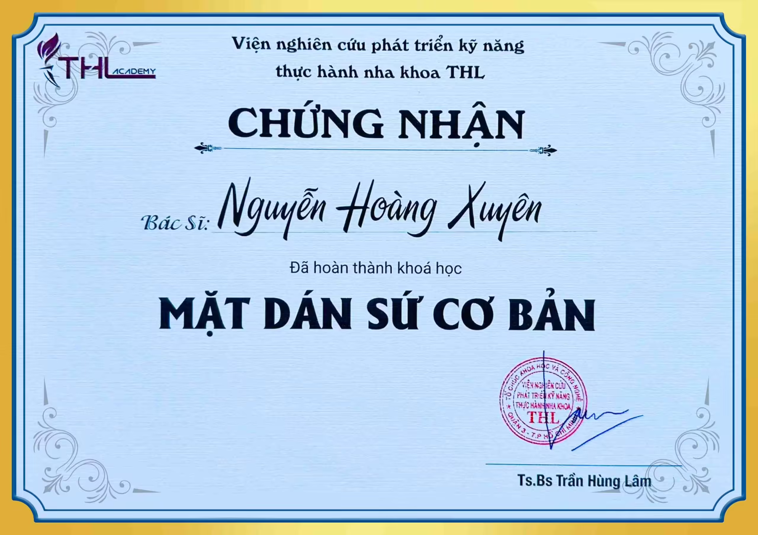 Chứng nhận khóa học mặt dán sứ cơ bản BS Xuyên