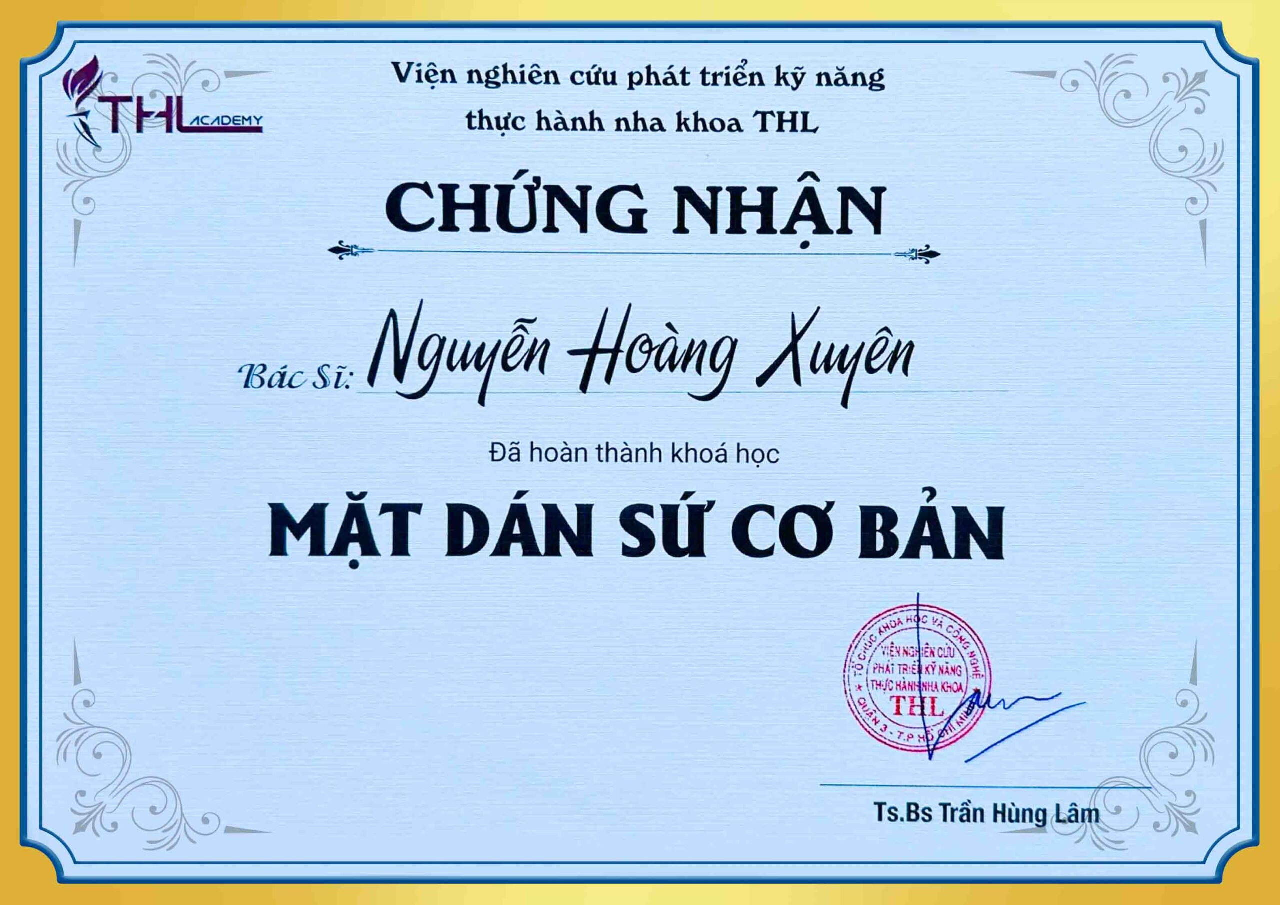 Chứng nhận khóa học mặt dán sứ cơ bản BS Xuyên