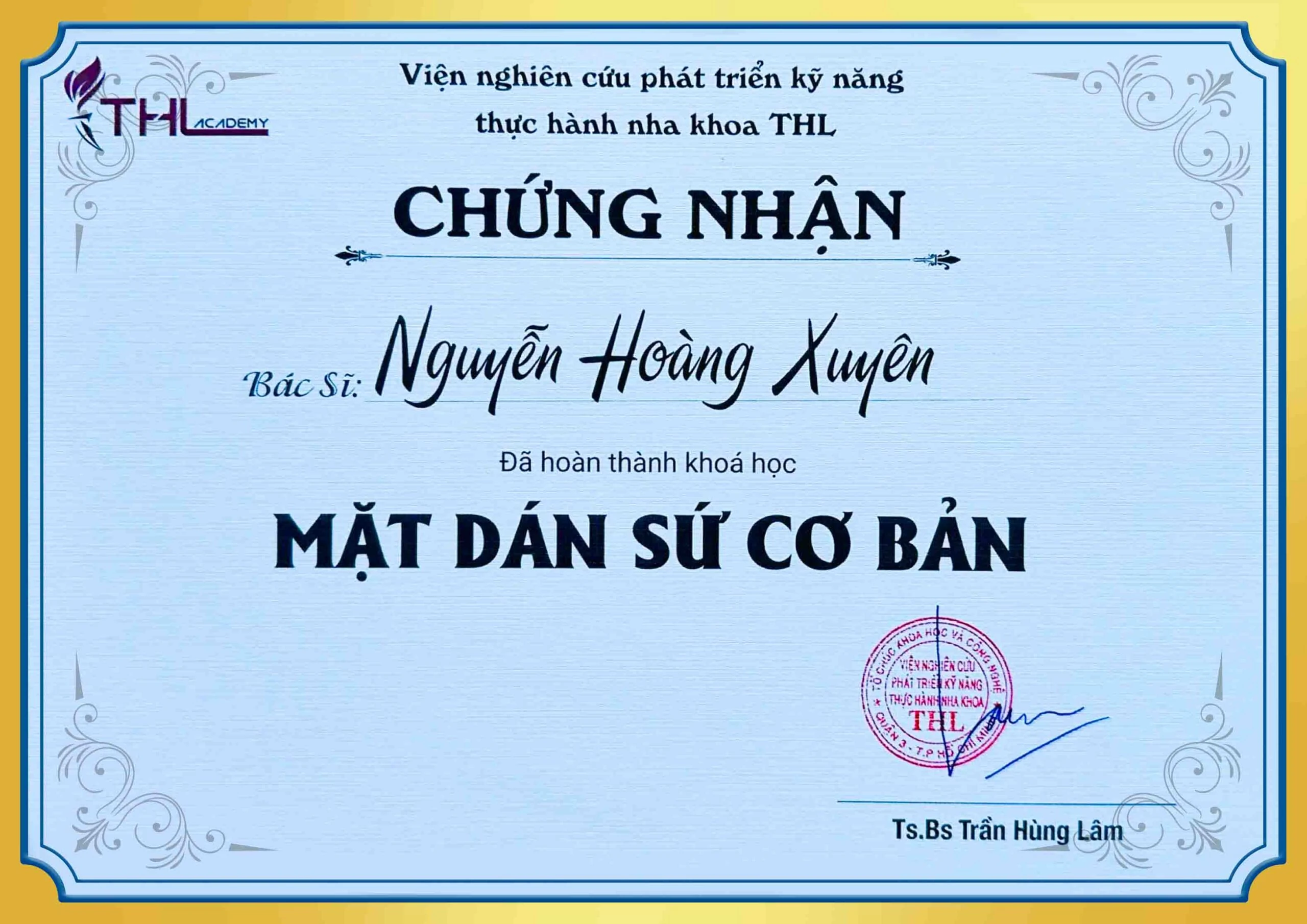 Chứng nhận khóa học mặt dán sứ cơ bản BS Xuyên