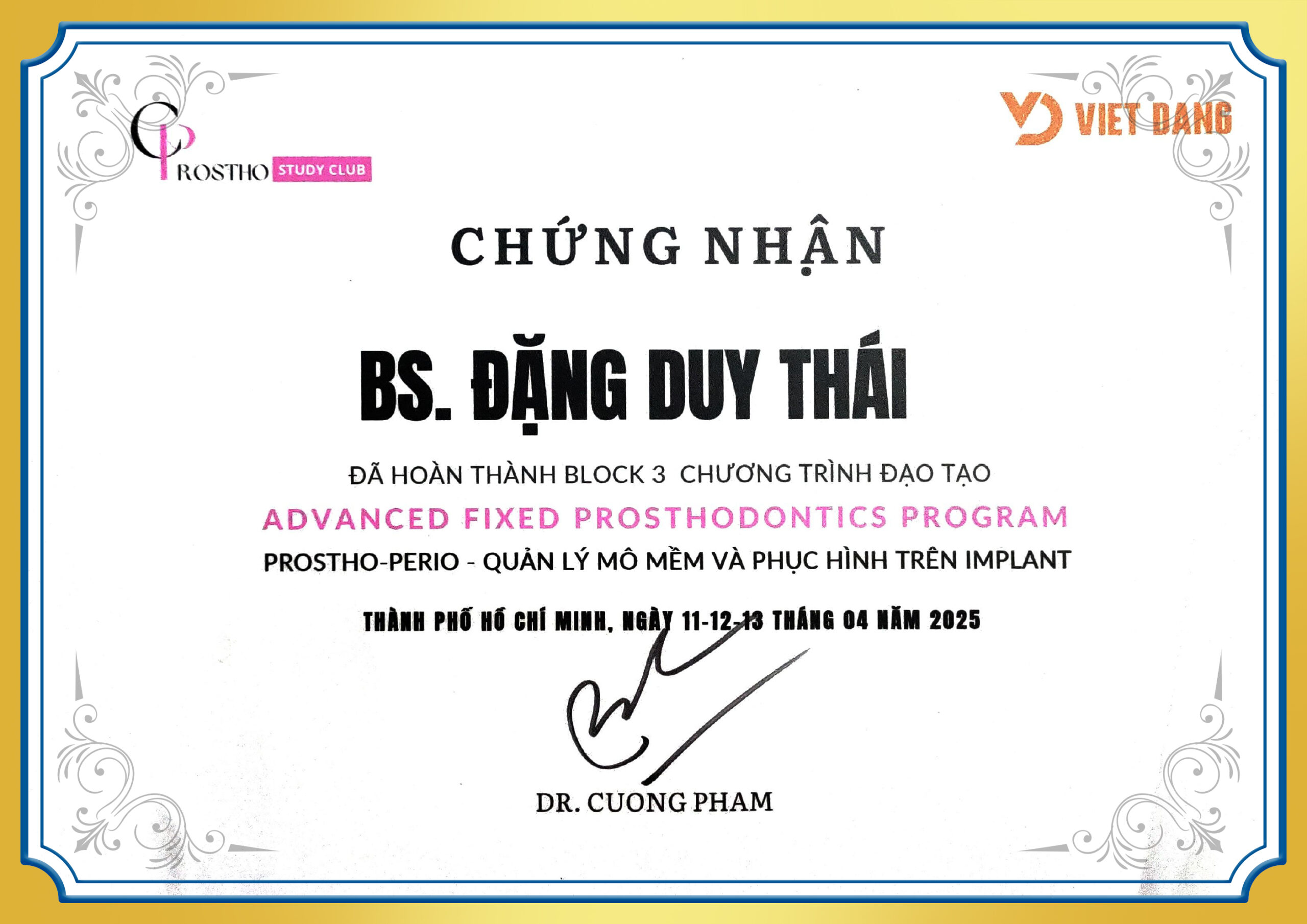 Chứng nhận Prostho-perio BS Duy Thái