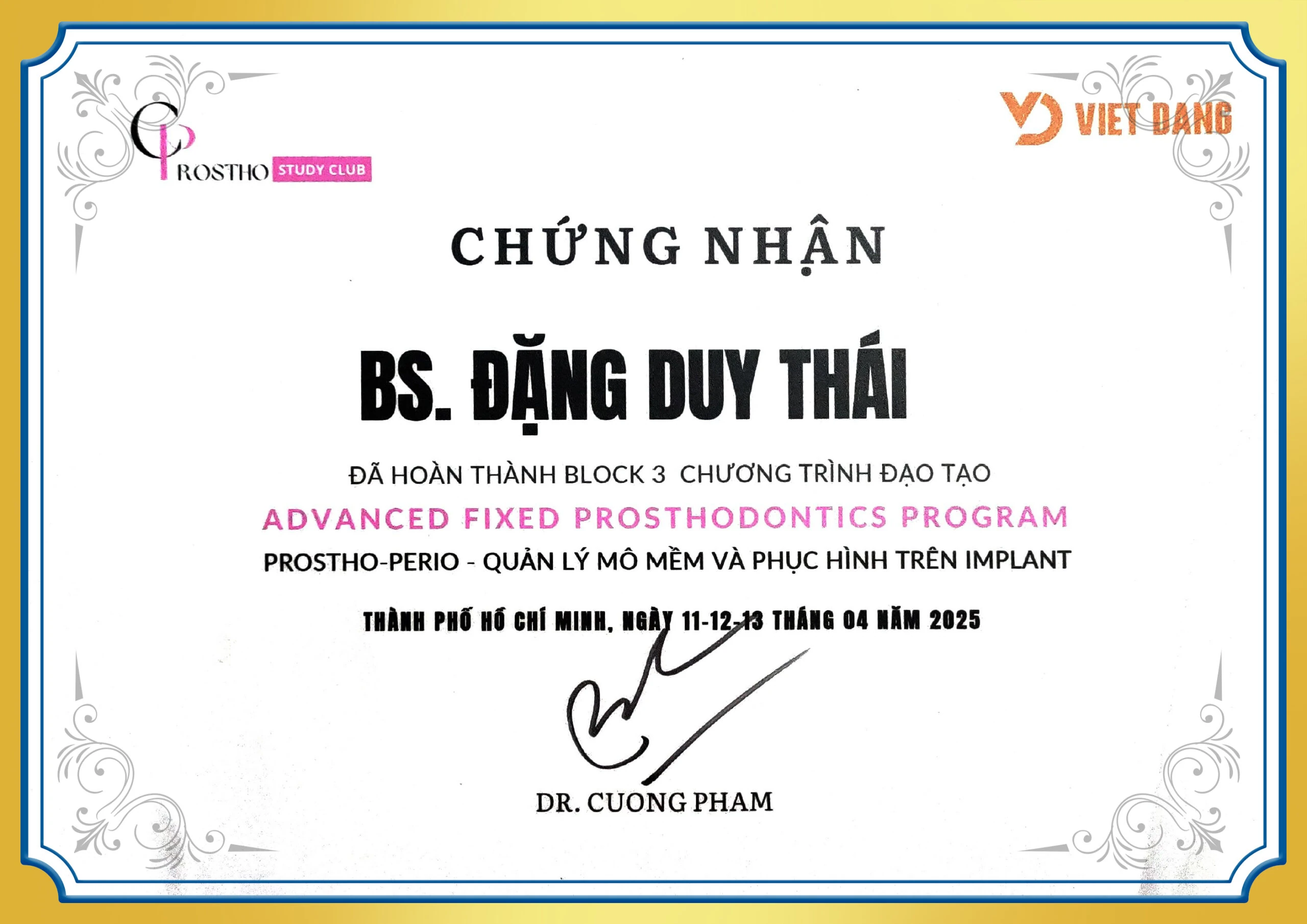 Chứng nhận Prostho-perio BS Duy Thái