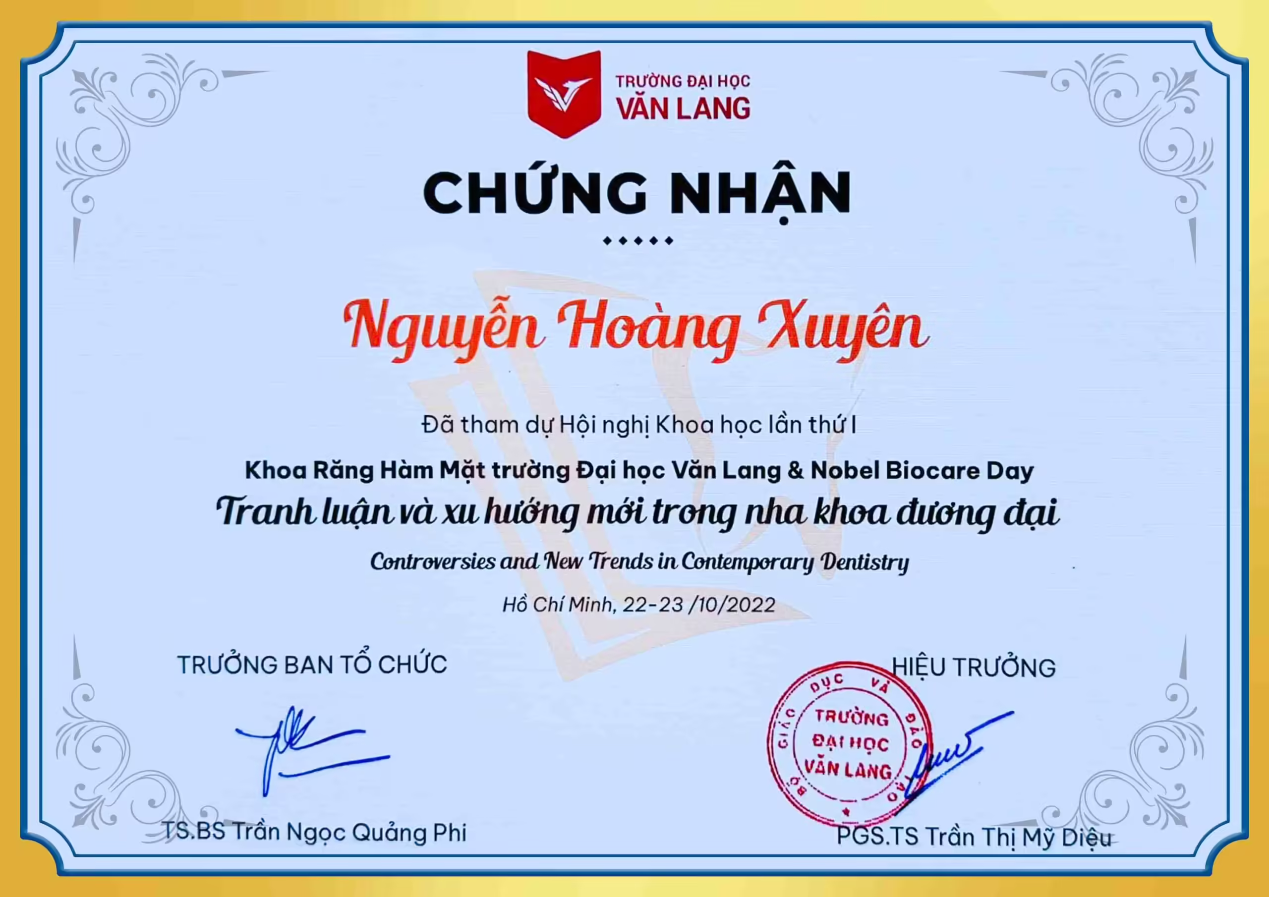Chứng nhận đã tham gia hội nghị khoa răng hàm mặt BS Xuyên