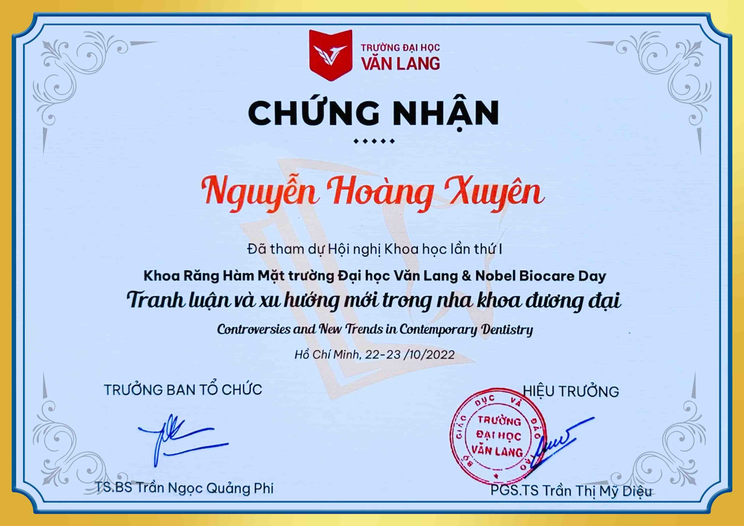 Chứng nhận đã tham gia hội nghị khoa răng hàm mặt BS Xuyên