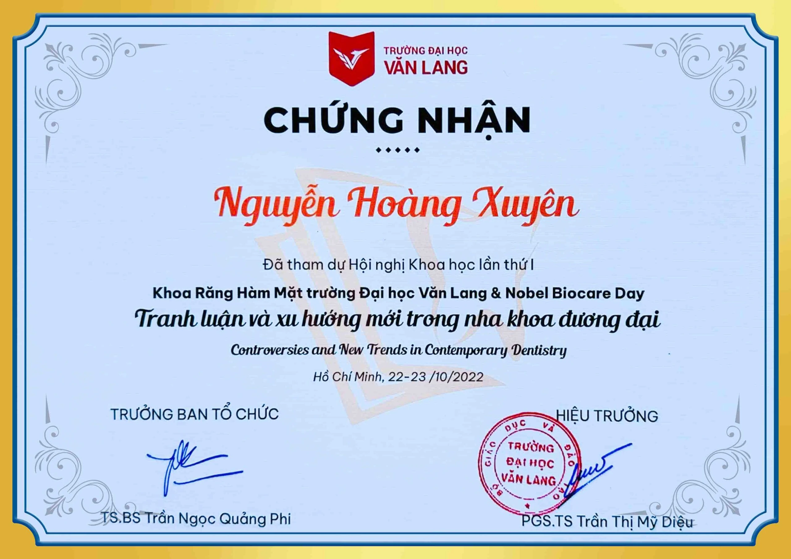 Chứng nhận đã tham gia hội nghị khoa răng hàm mặt BS Xuyên