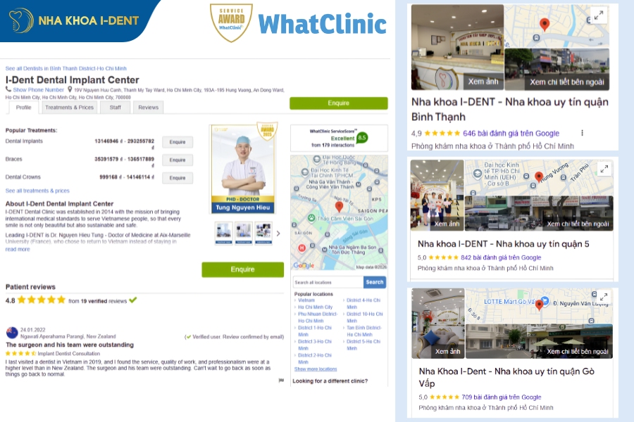 Nha khoa I-Dent được bệnh nhân đánh giá tích cực 4.9* trên Google Map và điểm xuất sắc trên What Clinic (nền tảng trực tuyến toàn cầu về xếp hạng dịch vụ y tế).