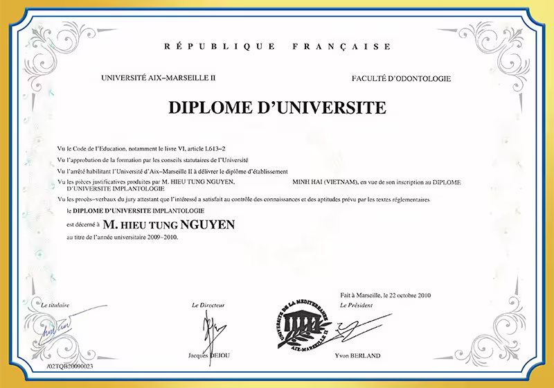 Bằng đại học Implant nha khoa ĐH Méditerrannée BS Tùng
