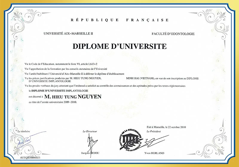 Bằng đại học Implant nha khoa ĐH Méditerrannée BS Tùng