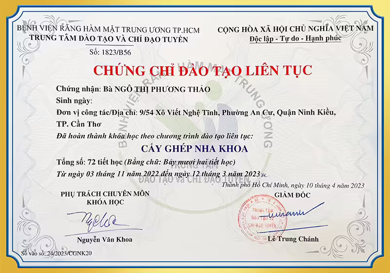 Chứng chỉ Cấy ghép nha khoa BS Thảo