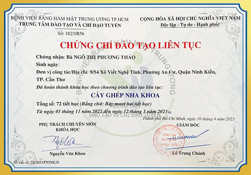 Chứng chỉ Cấy ghép nha khoa BS Thảo