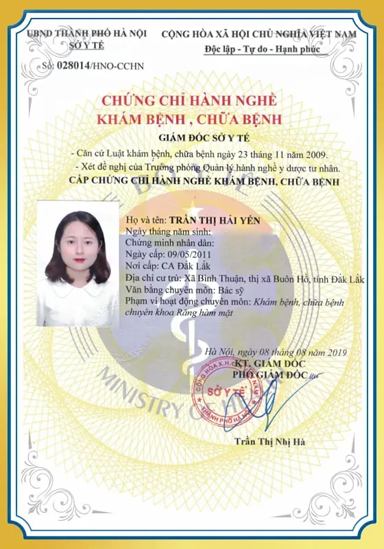 Chứng chỉ hành nghề khám chữa bệnh BS Yến