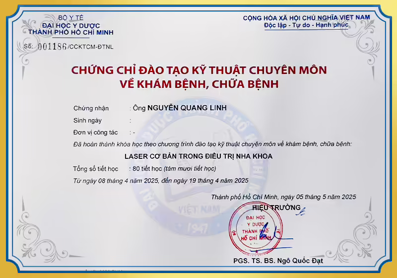 Chứng chỉ laser trong điều trị nha khoa BS Linh