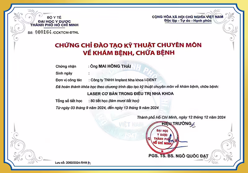 Chứng chỉ laser trong điều trị nha khoa BS Thái