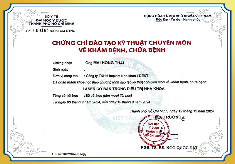 Chứng chỉ laser trong điều trị nha khoa BS Thái