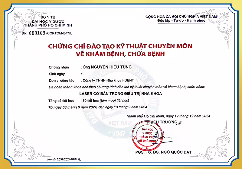 Chứng chỉ laser trong điều trị nha khoa BS Tùng