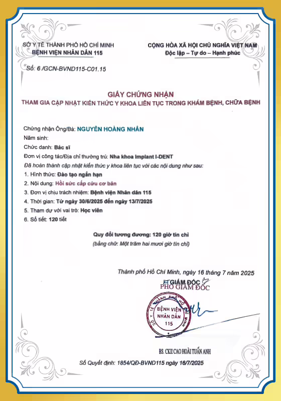 Chứng nhận hồi sức cấp cứu BS Hoàng Nhân