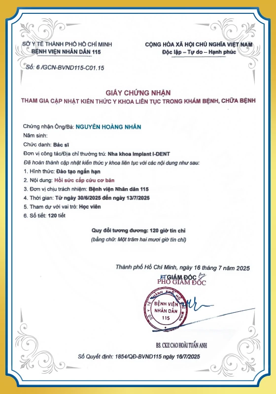 Chứng nhận hồi sức cấp cứu BS Hoàng Nhân