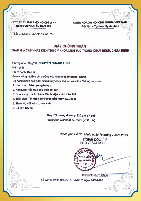 Chứng nhận hồi sức cấp cứu BS Linh