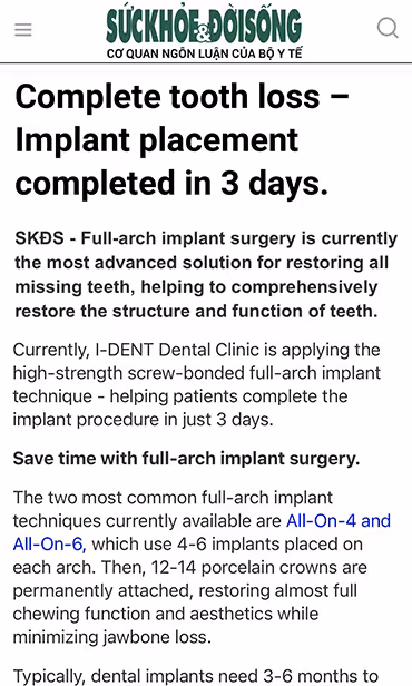 Sức Khỏe & Đời Sống Newspaper features I-Dent Dental Clinic's implant dentistry services.