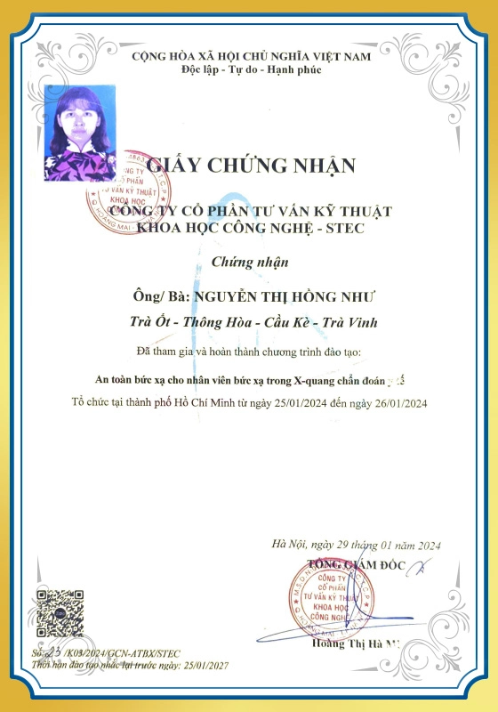 Chứng nhận An toàn bức xạ trong X-quang của BS.CKI Nguyễn Thị Hồng Như