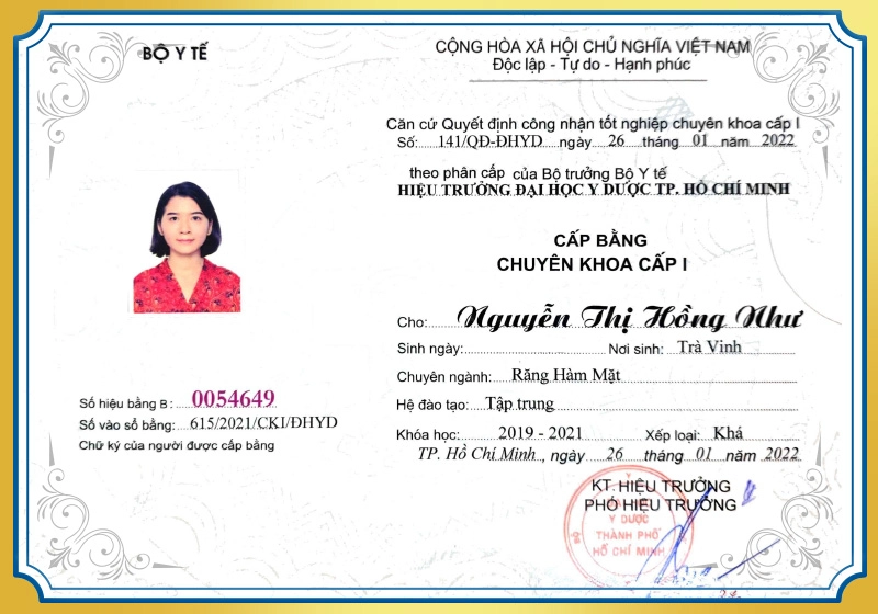 Bằng Chuyên khoa I Răng Hàm Mặt của BS.CKI Nguyễn Thị Hồng Như