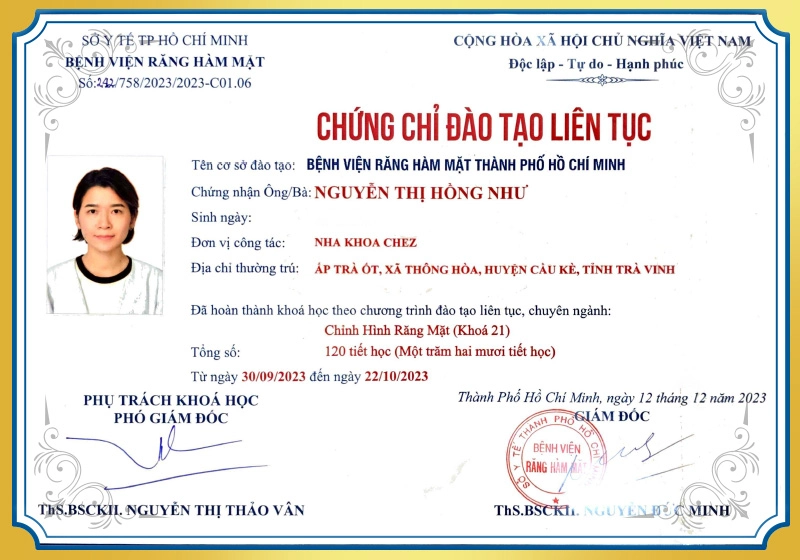 Chứng chỉ đào tạo Chỉnh hình răng hàm của BS.CKI Nguyễn Thị Hồng Như