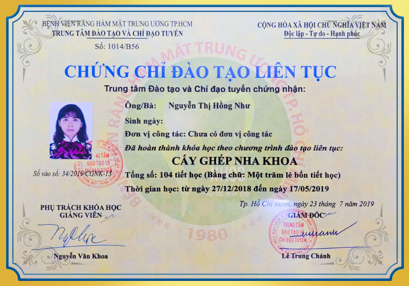 Chứng chỉ Cấy ghép nha khoa của BS.CKI Nguyễn Thị Hồng Như