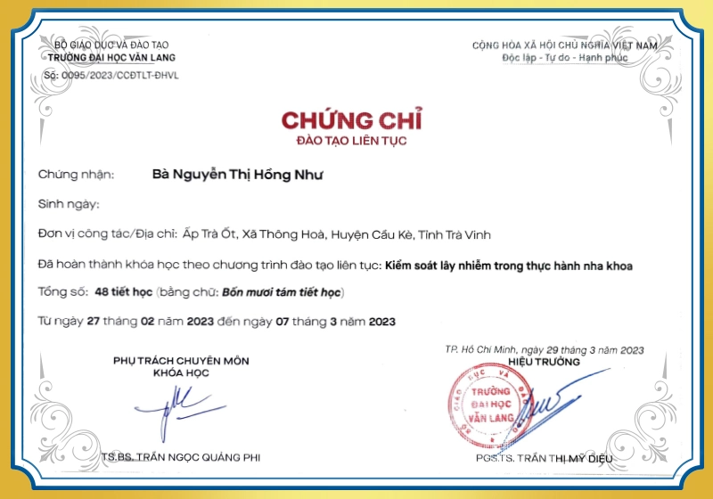 Chứng chỉ Kiểm soát lây nhiễm trong nha khoa của BS.CKI Nguyễn Thị Hồng Như