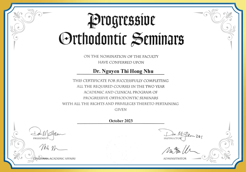 Chứng chỉ Chỉnh nha Progressive Orthodontic Seminars của BS.CKI Nguyễn Thị Hồng Như