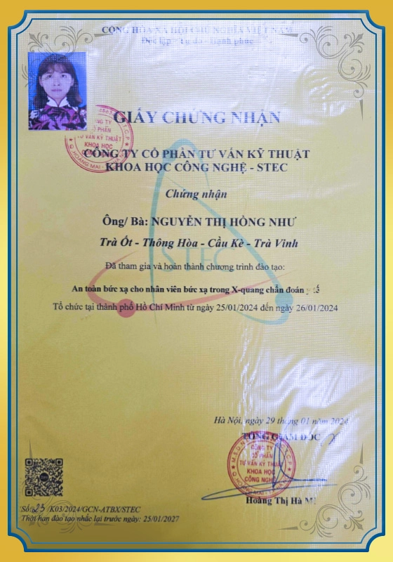 Chứng nhận An toàn bức xạ trong X-quang của BS.CKI Nguyễn Thị Hồng Như