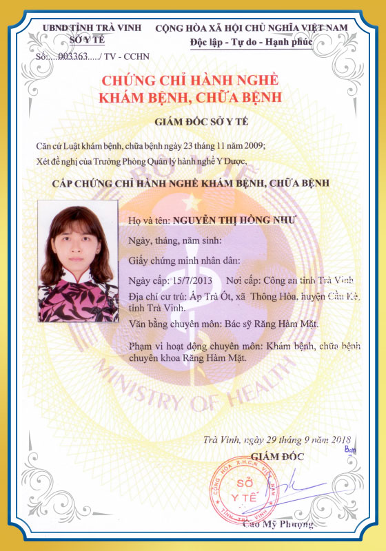 Giấy phép hành nghề khám chữa bệnh của BS.CKI Nguyễn Thị Hồng Như