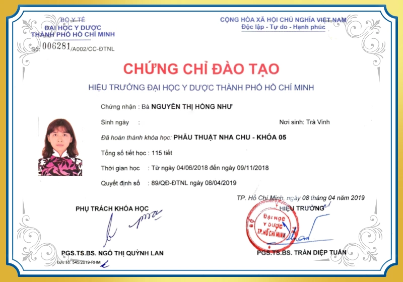 Chứng chỉ Phẫu thuật nha chu của BS.CKI Nguyễn Thị Hồng Như