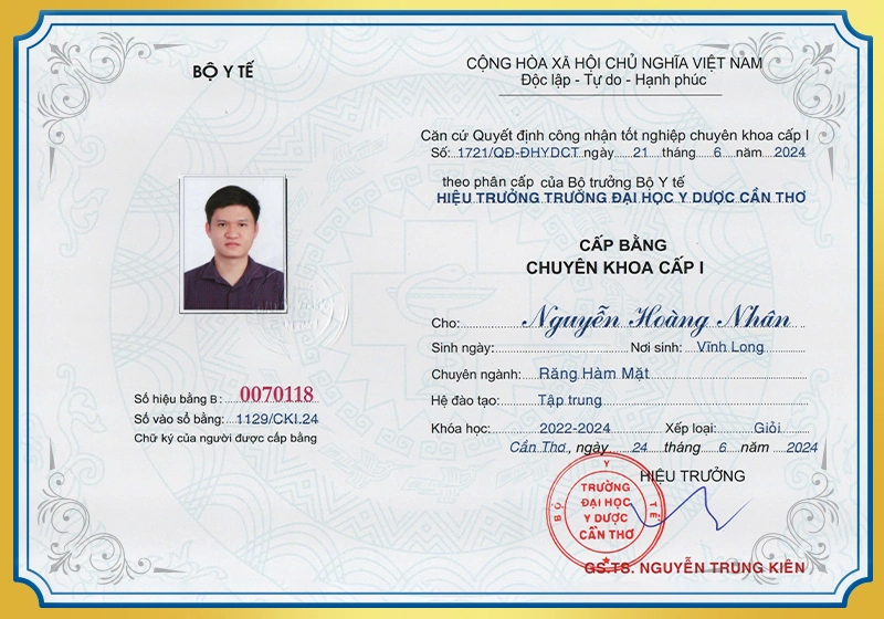 Bằng chuyên khoa I bác sĩ Nguyễn Hoàng Nhân
