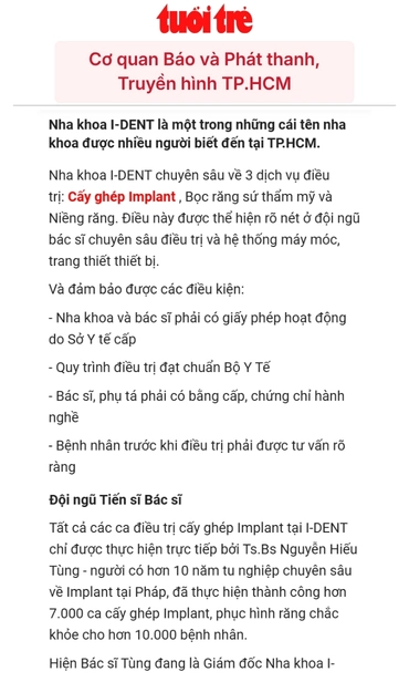 Báo Tuổi trẻ đánh giá cao chất lượng dịch vụ Implant, Răng sứ, Niềng răng Nha khoa I-Dent