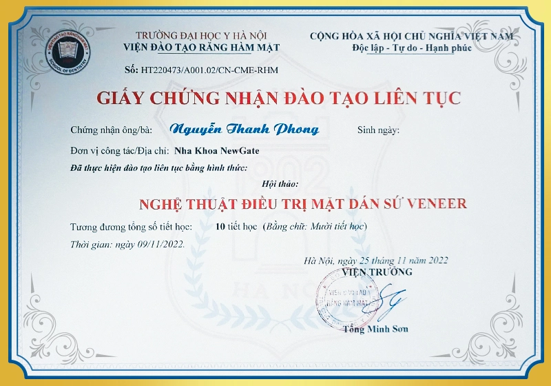 Chứng nhận điều trị mặt dán sứ Veneer ĐH Y Hà Nội.