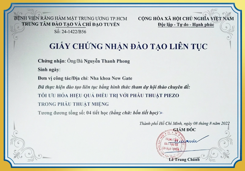 Chứng nhận Phẫu thuật Piezo trong phẫu thuật miệng BV RHM Trung Ương.
